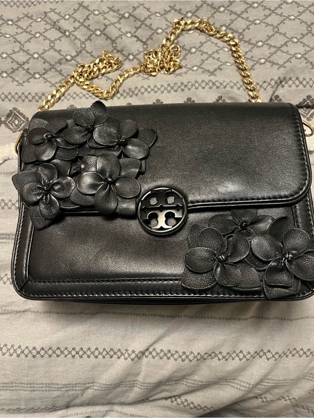 Tory Burch Black Leather Floral Appliqué Chain Crossbody